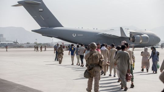 Evacuees prepare to board US Air Force Boeing C-17 Globemaster III at Kabul airport, Afghanistan 210821 CREDIT US DEPARTMENT OF DEFENSE