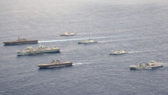 Exercise Pacific Crown L-R F-B JS Izumo, HMS Queen Elizabeth, JS Ise, HNLMS Evertsen, HMS Defender, HMCS Winnipeg, RFA Tidespring 09092021 CREDIT MOD Crown Copyright.jpg