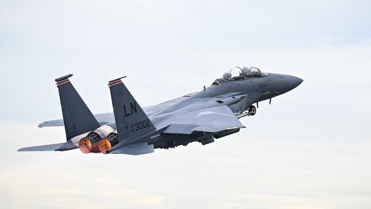 A USAF F-15E Strike Eagle assigned to the 494th Fighter Wing takes off from RAF Lakenheath