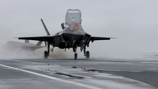 F-35 from 617 Squadron takes off from HMS Queen Elizabeth for simulated strike mission during training in northen Europe 051023 CREDIT MOD