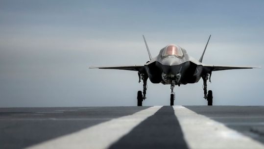 F-35B from Royal Air Force 207 Squadron on the flight deck. HMS Prince of Wales