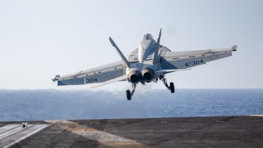 F/A-18E Super Hornet launches from the flight deck aboard USS Dwight D. Eisenhower in the Red Sea 120424 CREDIT US DEPARTMENT OF DEFENSE