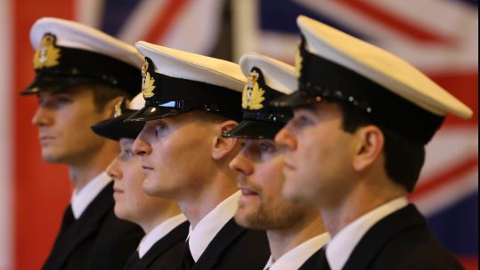 Five Royal Navy personnel getting their 'Wings' at a ceremony at RNAS Yeovilton