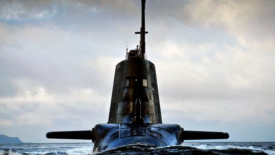 The Royal Navy Astute class submarine HMS Ambush arriving at HMNB Clyde