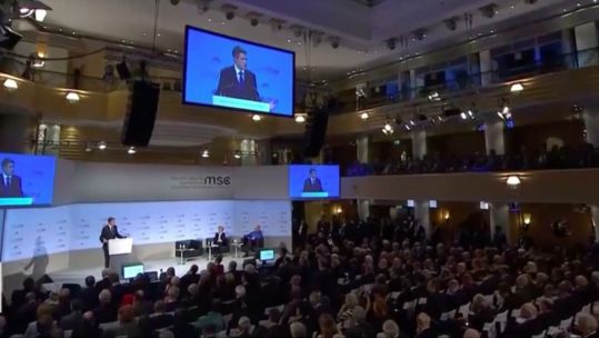Gavin Williamson speaking at the Munich Security Conference (Picture: Munich Security Conference).