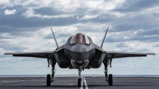 Face on view of British F-35B parked on HMS Queen Elizabeth (Picture: MOD).