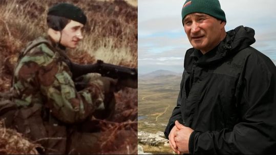 Rob Stenhouse on the Falkland Islands in 1982 and today CREDIT Rob Stenhouse (L) and BFBS (R)