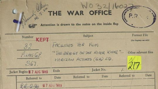 A War Office file on the 1957 film 'Bridge on the River Kwai' (Picture: National Archives).