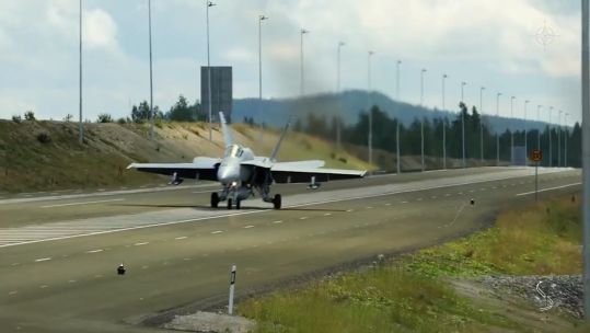 Finnish Air Force use motorway as runway Exercise Kesäbaana 23 070823 CREDIT NATO