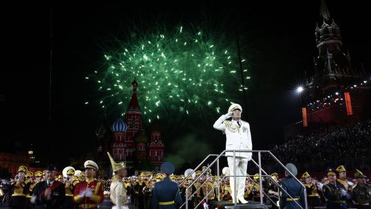 Fireworks go off over Red Square during the closing ceremony of the Spasskaya Tower Festival 2019, Moscow (Picture: PA). 