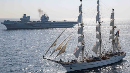 Fleet Flag Ships sailed side-by-side in Oman, Shabab Oman II and HMS Queen Elizabeth 31102021 Credit HMSQE Twitter.jpeg