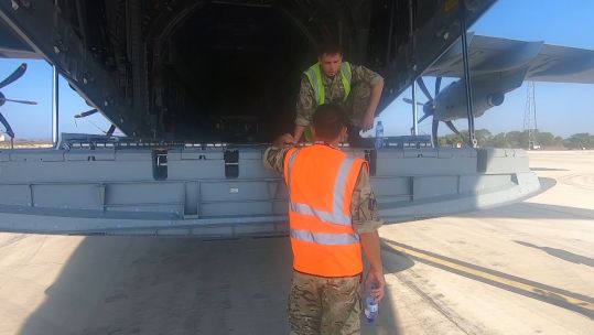 Flight Sergeant John Spanton, Joint Movements Squadron, and his son, Senior Aircraftsman Harry Spanton, are working together at RAF Akrotiri