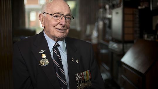 Flight Lieutenant Russell 'Rusty' Waughman speaking with Forces News in 2018 about flying Avro Lancasters CREDIT BFBS