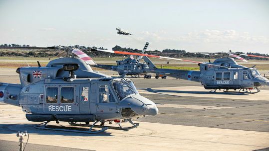 Formation of 84 Sqn Griffin HAR2 helicopters in Cyprus