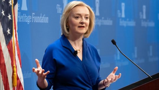 Former PM Liz Truss speaking in the US  delivering the Margaret Thatcher Lecture for the think tank Heritage Foundation 12042023 CREDIT Liz Truss Twitter