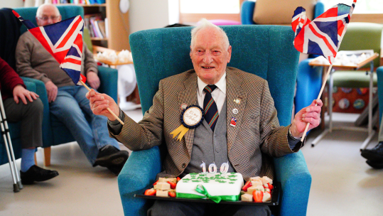 Former World War II squadron leader and Royal Air Force fighter pilot Derrick Grubb celebrates his 100th birthday 120424 CREDIT PA WIRE
