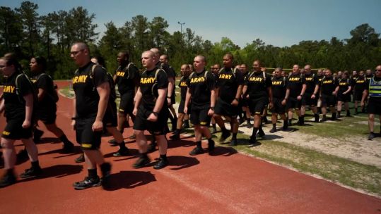 Fort Jackson recruits marching American style during basic training.