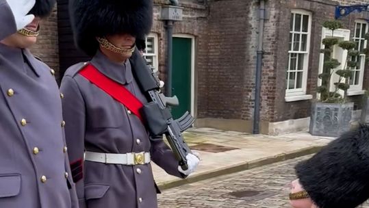 Scots Guards soldiers salute Frank during the Ceremony of the Word at the Tower of London CREDIT tiktok/frankthesoldier1