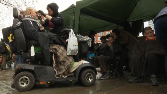 Free haircuts for the homeless in Manchester Skullfades Foundation 031218 CREDIT BFBS