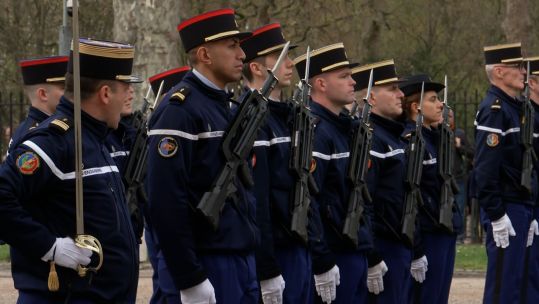 French Gendarmerie Nationale rehearse ahead of historic Changing of the Guards CREDIT BFBS 050424