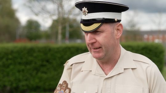 Garrison Sergeant Major Vern Stokes speaking about the Coronation 280423 CREDIT BFBS