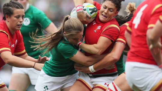 Gemma Rowland (with ball) in Wales kit in Women's World Cup play-off match 260817 CREDIT PA.jpg