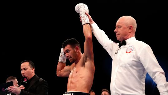 George Crotty celebrates first pro boxing win at Wembley Arena Credit PA Images Alamy Stock Photo Date 07122024.jpg 