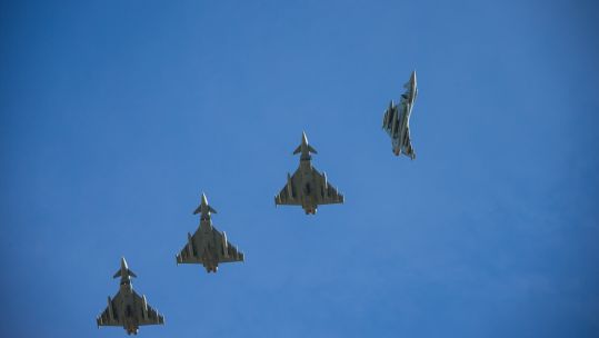 German Air Force Typhoon fighters about to land at RAF Waddington to take part in Exercise Cobra Warrior 290819 CREDIT MOD