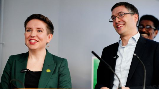 Green Party co-leaders Carla Denyer and Adrian Ramsay speak at their local election campaign launch in Bristol