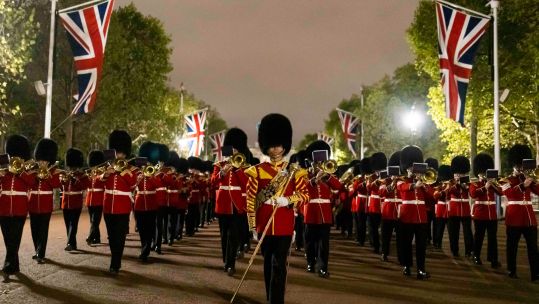 Guards walk down the Mall in central London as they rehearse for Her Majesty The Queen's funeral (Picture: MOD).