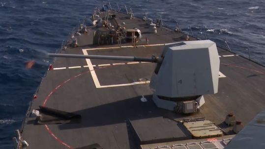 Gun on US Navy destroyer USS James E Williams.