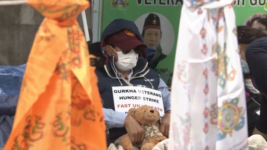 Gurkha veterans continuing a hunger strike, calling for equal pensions for Gurkhas who retired before 1997 and are not eligible for a full UK armed forces pension, outside Downing Street 130821 CREDIT BFBS_0.jpg