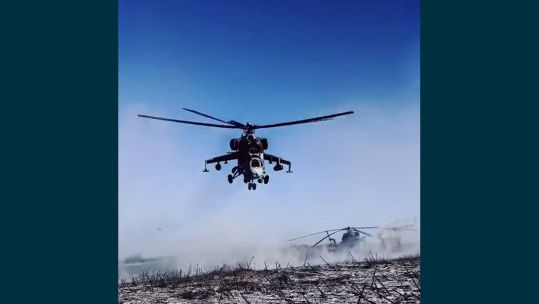 HIND helicopter performing flying low in Ukraine
