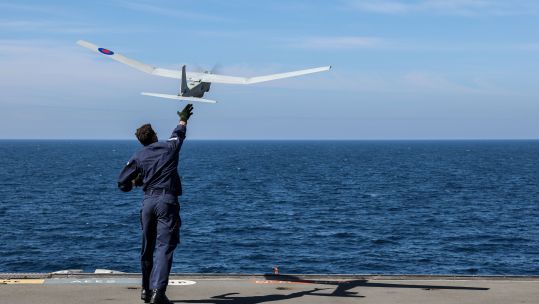 HMS Albion and Royal Marines of 45 Commando using the Puma drone as part of the Littoral Response Group North deployment to the North and Baltic Seas