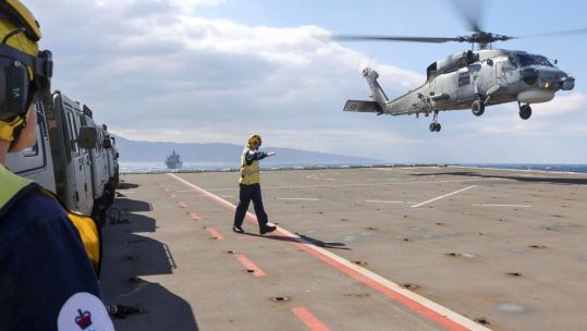 HMS Albion conducted manoeuvres with Turkish assault ship TCG Bayraktar & Turkish Seahawk helicopter landed on the flight deck 20102022 CREDIT Royal Navy.jpg