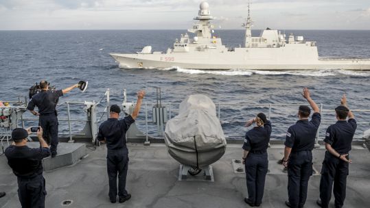 Cover image: HMS Albion sailors wave to Italian frigate Carlo Bergamini after training in the central Mediterranean (Picture: Royal Navy).