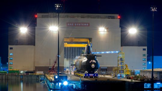 HMS Anson, the fifth Astute class attack submarine, being launched at BAE Systems' site in Barrow-in-Furness 200421 CREDIT BAE Systems
