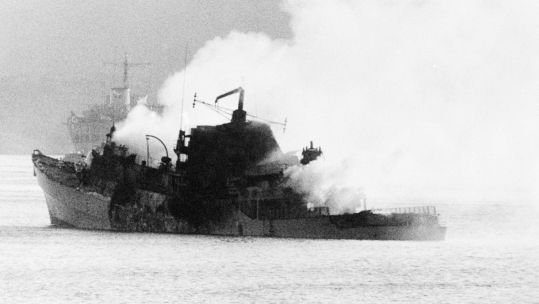 HMS Antelope shortly before sinking in San Carlos Bay during the Falklands War