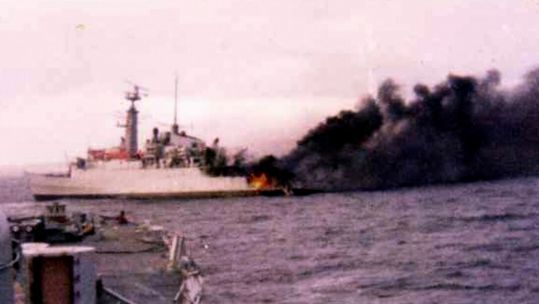 HMS Ardent after being hit by Argentinian forces in the Falklands conflict (Picture: HMS Ardent Association).
