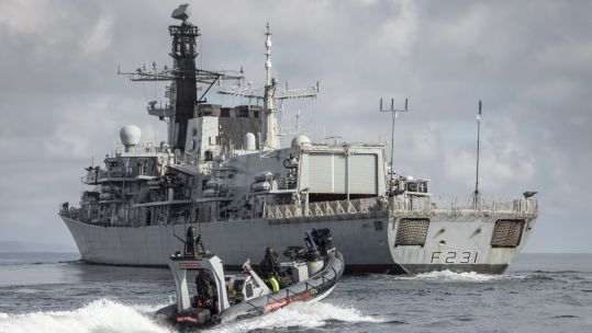 HMS Argyll during autonomous boat trials with Pacific24 boat off Plymouth