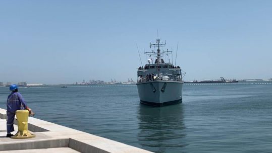 HMS Chiddingfold arriving in the Gulf, where it will spend three years working on minehunting and maritime security
