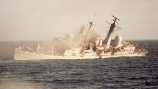 HMS Coventry after being hit and sunk during the Falklands conflict