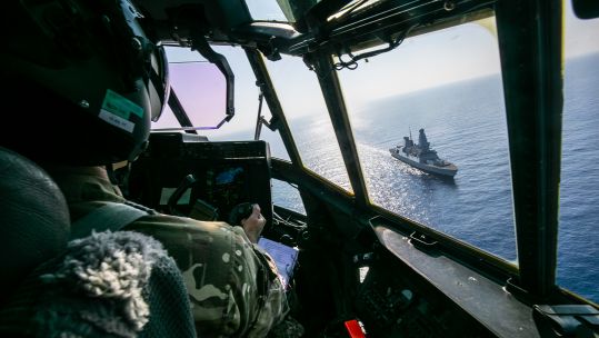 HMS Daring captured from C-130J Hercules supporting the Carrier Strike Group 20210622 CREDIT MOD Crown Copyright.jpg