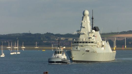 The Daring Class ship left the Portsmouth harbour on a blustery day on the south coast.