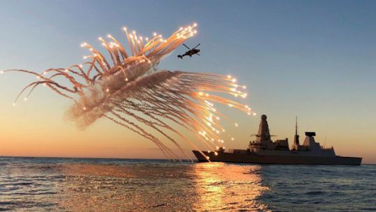 HMS Diamond with Wildcat helicopter