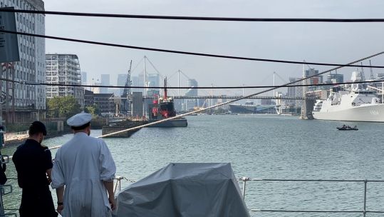 HMS Iron Duke arriving in London ahead of DSEI