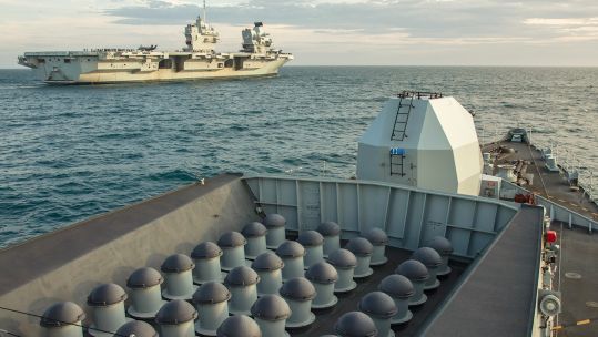 HMS Kent and HMS Queen Elizabeth together during training at sea (Royal Navy).