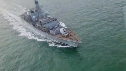 HMS Kent pictured from a Merlin helicopter after Carrier Strike Group deployment