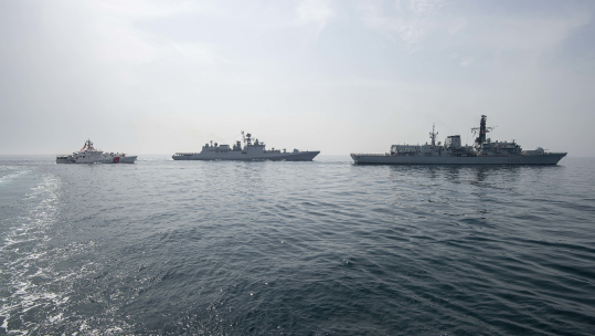 HMS Lancaster leads Indian Navy frigate INS Trikand and US Coast Guard cutter USCGC Robert Goldman (Picture: Royal Navy).