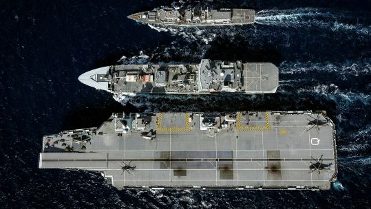 Aerial view of HMS Northumberland, RFA Tideforce and HMS Queen Elizabeth during Exercise Westlant 19